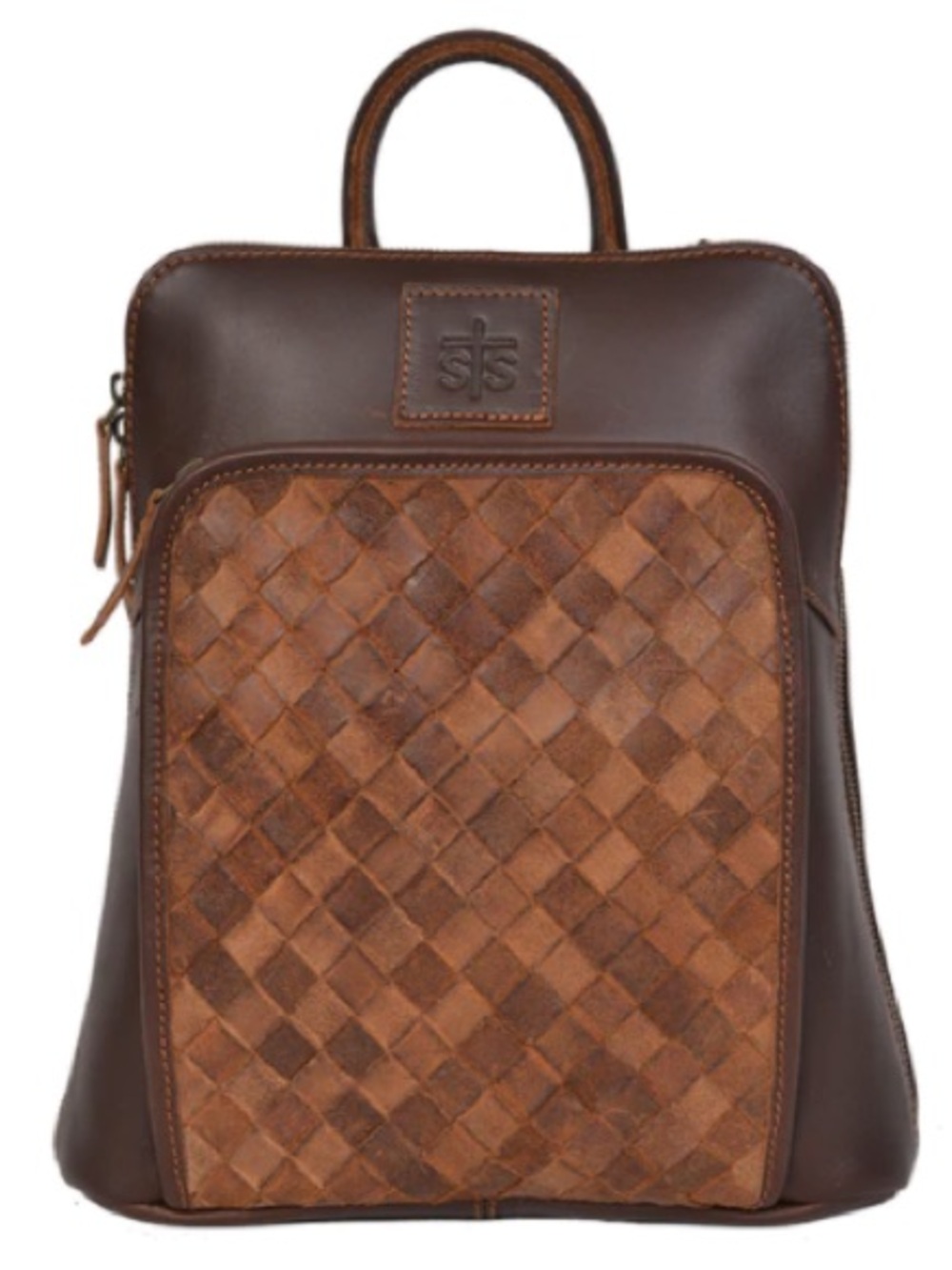 STS Ranchwear Genuine Leather Woven Front Backpack Purse Western Boho Brown